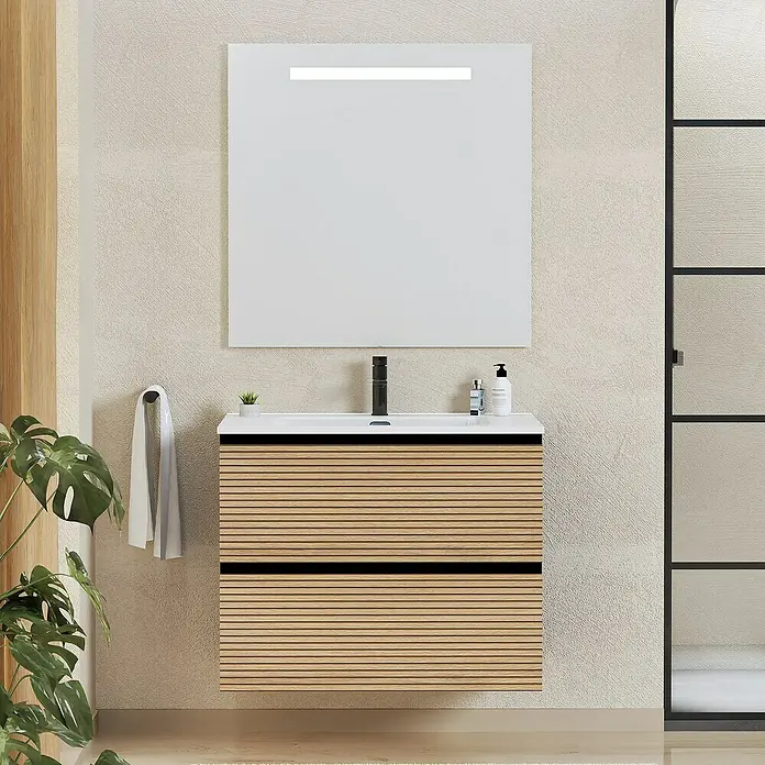 Artysan Conjunto de mueble de baño Osaka - Ancho: 80 cm, Negro/Nogal, 3 pzs. - Un lavabo de baño moderno con revestimiento de madera y un gran espejo que destaca el diseño. Mueble elegante para baños con estilo.