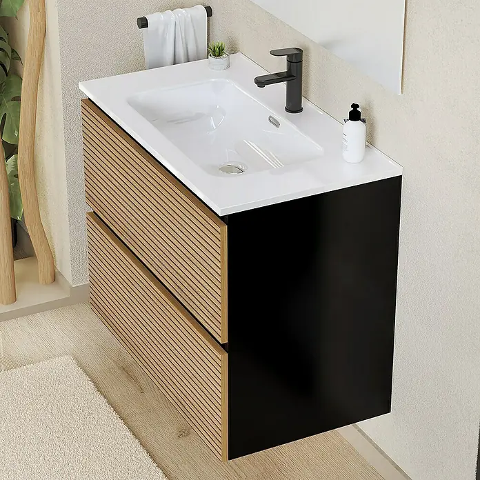 Artysan Conjunto de mueble de baño Osaka - Ancho: 80 cm, Negro/Nogal, 3 pzs. - Mueble de baño moderno con lavabo blanco, grifo negro y mueble bajo con frontal de madera. Diseño elegante para espacios contemporáneos.