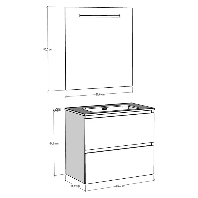 Artysan Conjunto de mueble de baño Osaka - Ancho: 80 cm, Negro/Nogal, 3 pzs. - Imagen del producto de un moderno mueble de baño con lavabo y espejo, dimensiones indicadas.