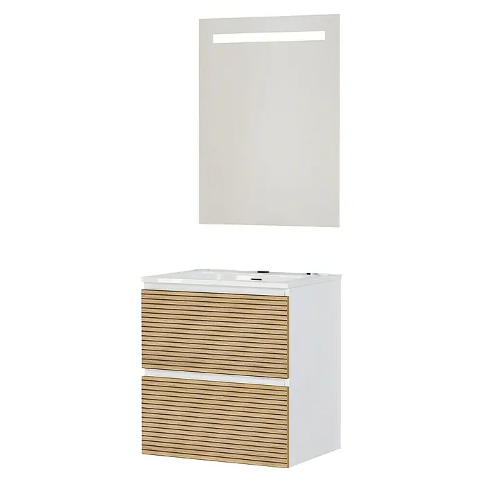 Artysan Conjunto de mueble de baño Osaka - Ancho: 60 cm, Blanco/Nogal, 3 pzs. - Elegante conjunto de baño con mueble de lavabo con aspecto de madera con cajones y espejo a juego. Diseño moderno.