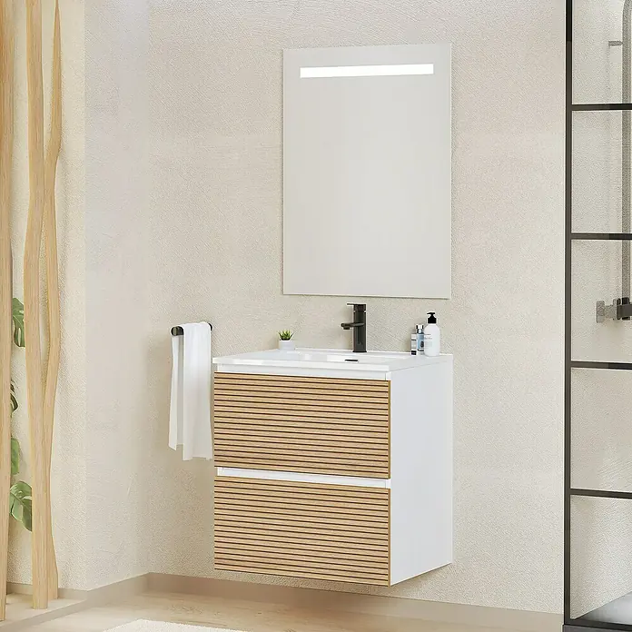 Artysan Conjunto de mueble de baño Osaka - Ancho: 60 cm, Blanco/Nogal, 3 pzs. - Moderno mueble de baño con detalles de madera y espejo con iluminación para un ambiente elegante.