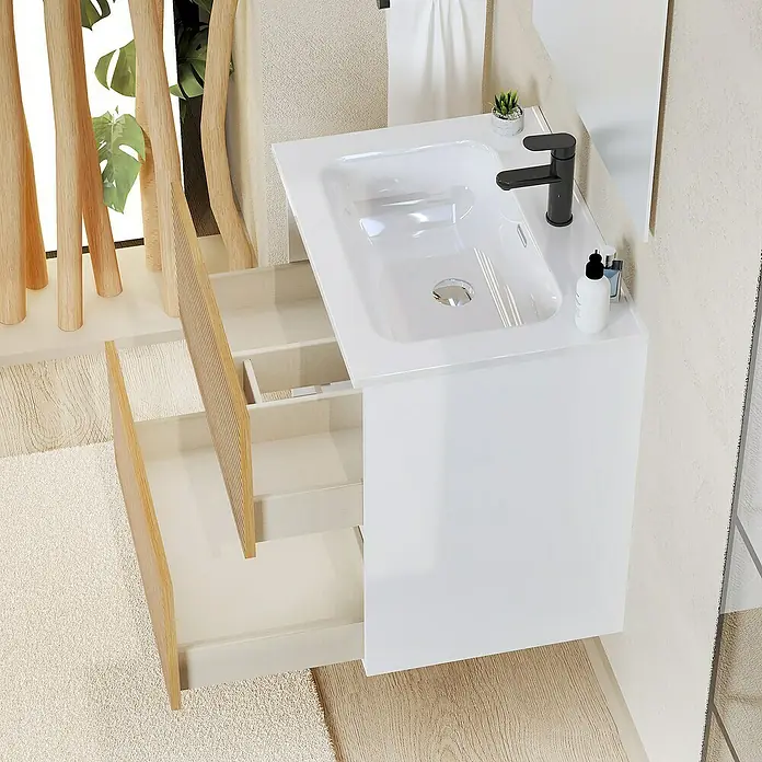 Artysan Conjunto de mueble de baño Osaka - Ancho: 60 cm, Blanco/Nogal, 3 pzs. - Un lavabo blanco elegante con sistema de cajones abiertos para accesorios de baño. Diseño moderno para una organización con estilo.