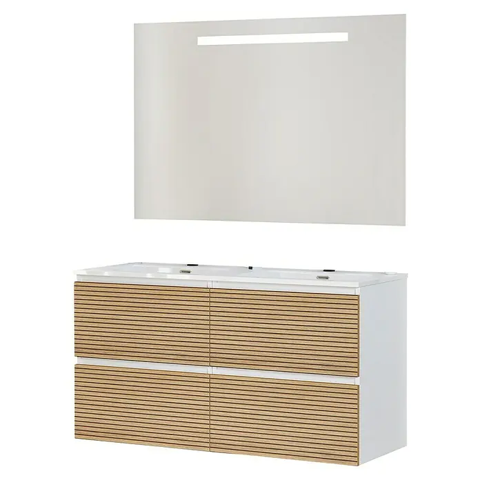 Artysan Conjunto de mueble de baño Osaka - Ancho: 120 cm, Blanco/Nogal, 3 pzs. - Mueble de baño moderno con frente de listones de madera y espejo a juego para un diseño elegante.