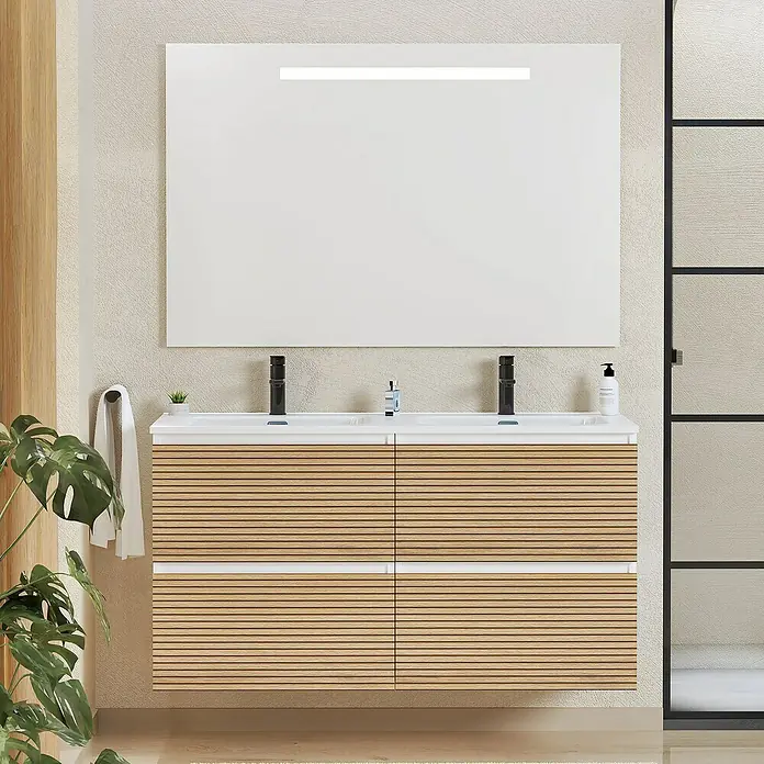 Artysan Conjunto de mueble de baño Osaka - Ancho: 120 cm, Blanco/Nogal, 3 pzs. - Elegante interior de baño con mueble de doble lavabo con listones de madera y un gran espejo iluminado.