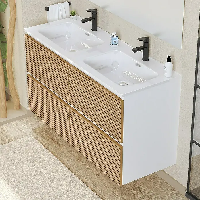 Artysan Conjunto de mueble de baño Osaka - Ancho: 120 cm, Blanco/Nogal, 3 pzs. - Elegante baño con mueble de doble lavabo con frente de madera laminada y dos lavabos sobre encimera con grifos negros.