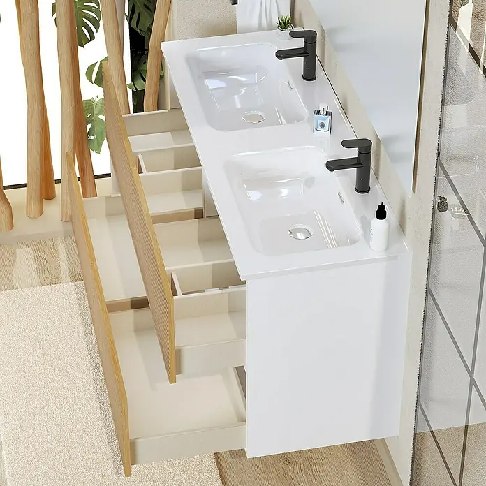 Artysan Conjunto de mueble de baño Osaka - Ancho: 120 cm, Blanco/Nogal, 3 pzs. - Un moderno tocador de lavabo doble con una base de armario blanca y cajones extraíbles ofrece un almacenamiento elegante en el baño.
