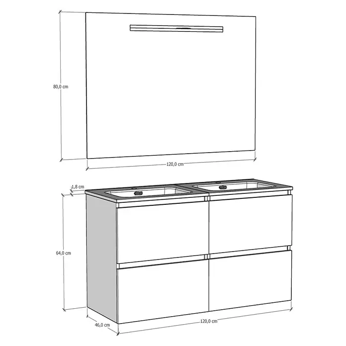 Artysan Conjunto de mueble de baño Osaka - Ancho: 120 cm, Blanco/Nogal, 3 pzs. - Imagen de un mueble de baño con lavabo y espejo. El mueble mide 120 cm de ancho y 46 cm de profundidad, el espejo mide 80 cm de alto.
