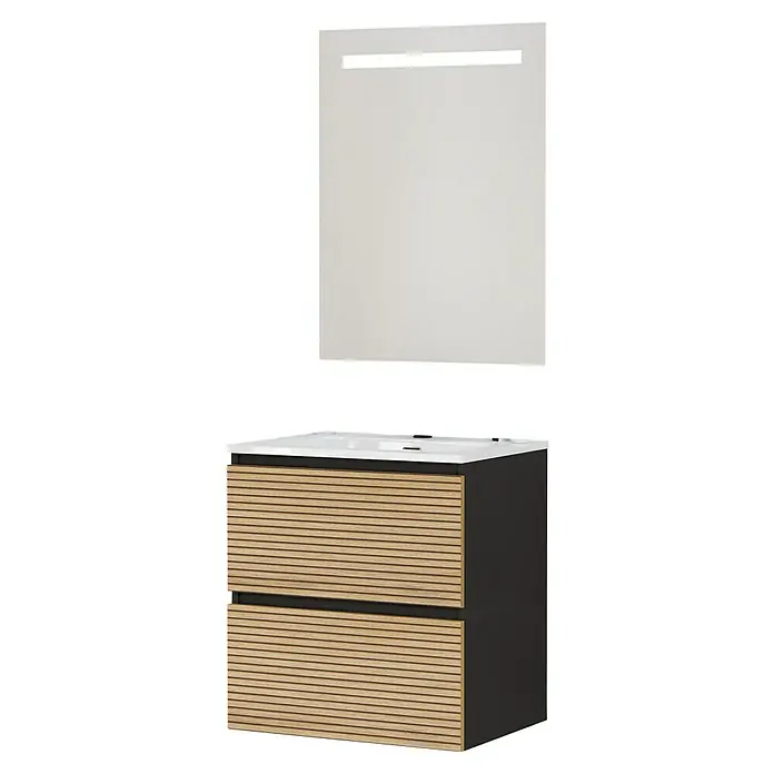 Artysan Conjunto de mueble de baño Osaka - Ancho: 60 cm, Negro/Nogal, 3 pzs. - Elegante conjunto de baño con un gabinete de tocador de madera y un espejo moderno con iluminación integrada.