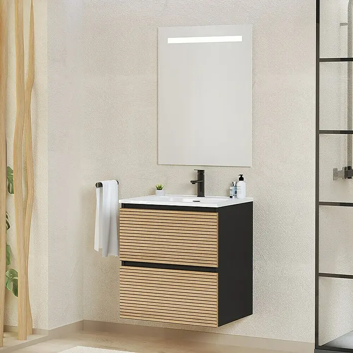 Artysan Conjunto de mueble de baño Osaka - Ancho: 60 cm, Negro/Nogal, 3 pzs. - Un tocador moderno con frente de madera y cuerpo negro debajo de un espejo iluminado.