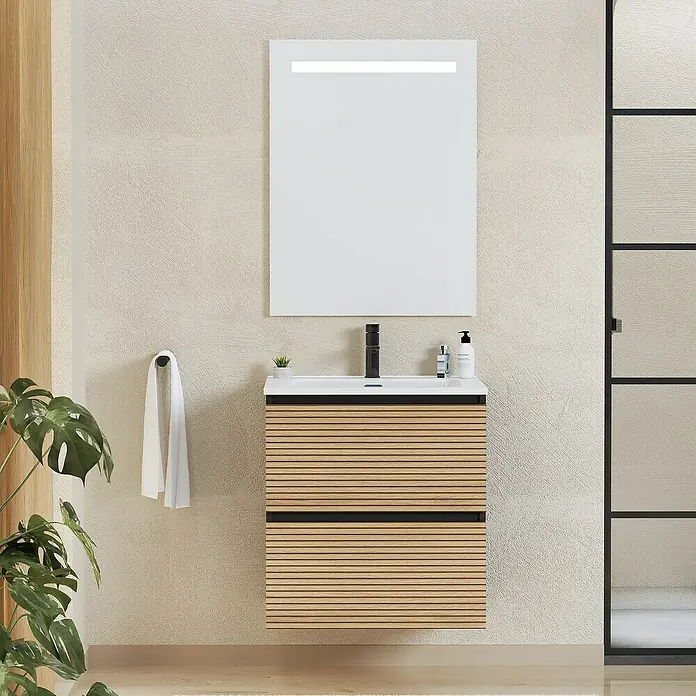 Artysan Conjunto de mueble de baño Osaka - Ancho: 60 cm, Negro/Nogal, 3 pzs. - Mueble de baño con diseño de madera clara, grifo negro y espejo con iluminación integrada para un ambiente moderno.