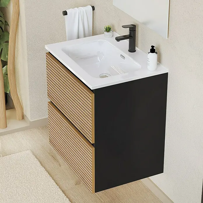 Artysan Conjunto de mueble de baño Osaka - Ancho: 60 cm, Negro/Nogal, 3 pzs. - Aquí hay un moderno mueble de baño con lavabo blanco y grifo negro, que ofrece un diseño de baño elegante.