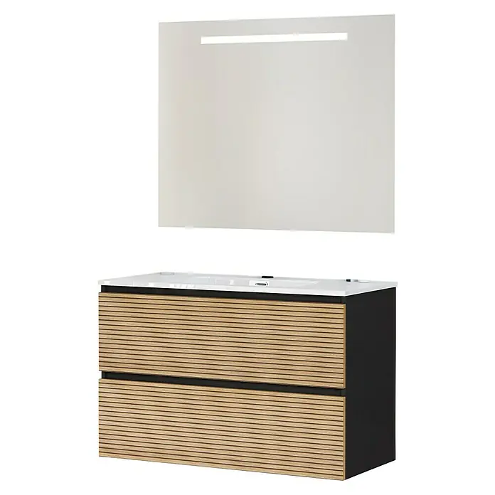 Artysan Conjunto de mueble de baño Osaka - Ancho: 100 cm, Negro/Nogal, 3 pzs. - Mueble de baño moderno con mueble bajo lavabo en madera y espejo iluminado para un ambiente de baño elegante.