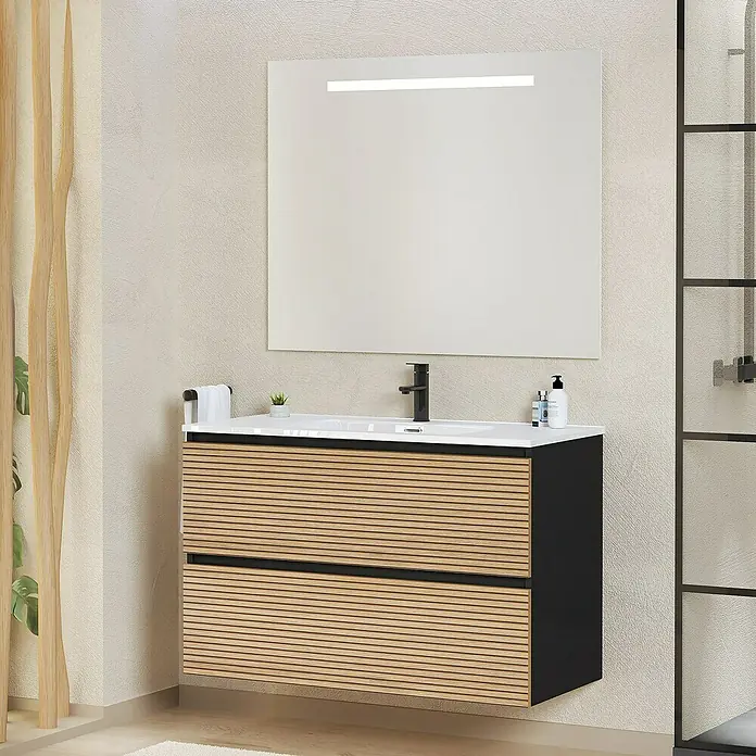 Artysan Conjunto de mueble de baño Osaka - Ancho: 100 cm, Negro/Nogal, 3 pzs. - Mueble de baño moderno con frente de madera y espejo con iluminación integrada.