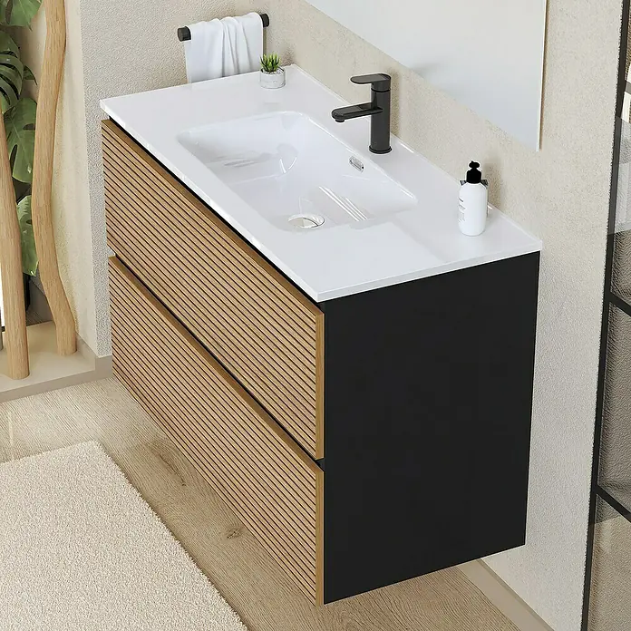 Artysan Conjunto de mueble de baño Osaka - Ancho: 100 cm, Negro/Nogal, 3 pzs. - Elegante baño con mueble de lavabo con cajones de aspecto madera y cuerpo negro, que combina estilo moderno y funcionalidad.