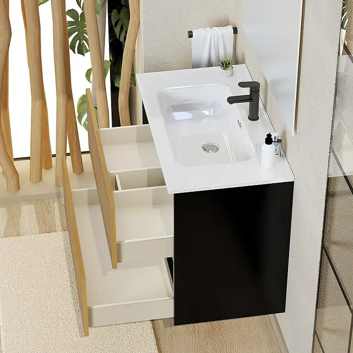 Artysan Conjunto de mueble de baño Osaka - Ancho: 80 cm, Negro/Nogal, 3 pzs. - Lavabo de baño moderno con tocador negro, encimera blanca y cajones abiertos que ofrecen un elegante espacio de guardado.