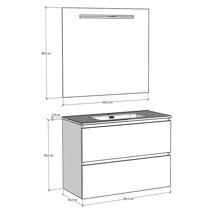 Artysan Conjunto de mueble de baño Osaka - Ancho: 100 cm, Negro/Nogal, 3 pzs. - Imagen de un mueble de baño con lavabo y espejo. El mueble es gris con dos cajones y una encimera.