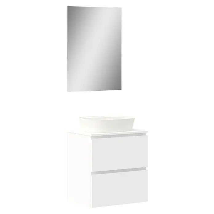 Artysan Conjunto de mueble de baño Troy - Ancho: 60 cm, Blanco Seda, 4 pzs. - Mueble de baño con lavabo y espejo. Diseño de baño moderno con mueble bajo lavabo blanco y lavabo sobre encimera.