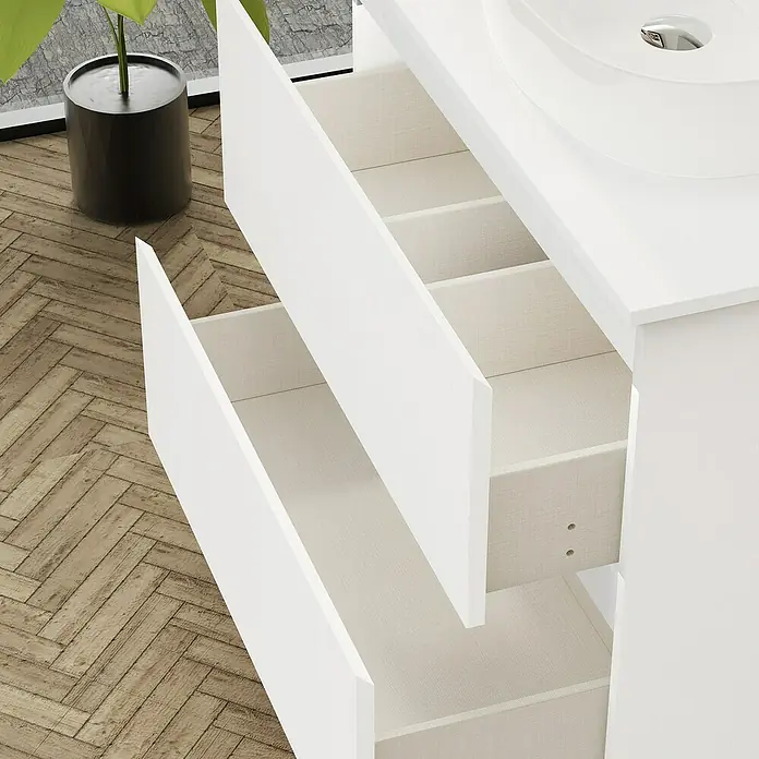 Artysan Conjunto de mueble de baño Troy - Ancho: 100 cm, Blanco Seda, 4 pzs. - La imagen muestra un tocador blanco moderno con dos cajones abiertos, que ofrece una vista del interior.
