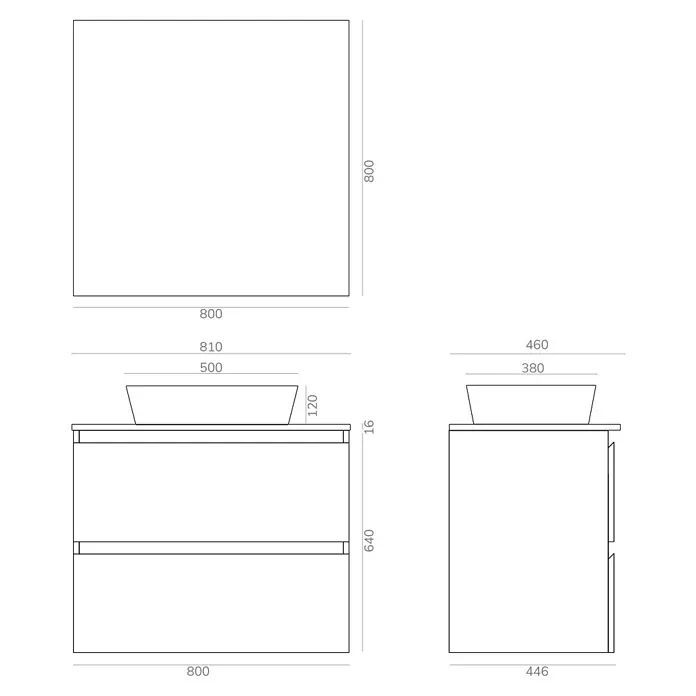 Artysan Conjunto de mueble de baño Troy - Ancho: 80 cm, Natural, 4 pzs. - Ilustración de un mueble de baño con lavabo y espejo, mostrado en un dibujo técnico con especificaciones de tamaño.