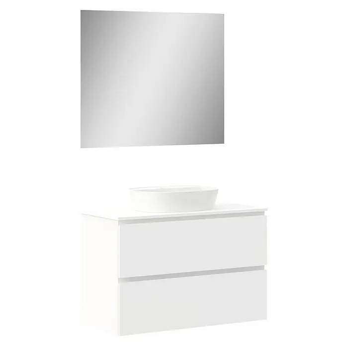 Artysan Conjunto de mueble de baño Troy - Ancho: 100 cm, Blanco Seda, 4 pzs. - Elegante conjunto de baño con un moderno mueble de lavabo blanco y un elegante lavabo sobre encimera, complementado con un espejo sencillo.