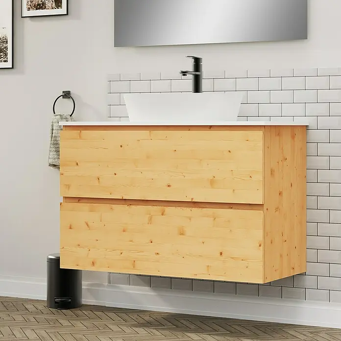 Artysan Conjunto de mueble de baño Troy - Ancho: 100 cm, Pino, 4 pzs. - Tocador de baño moderno con cajones de madera. El tocador ofrece un amplio almacenamiento en un baño moderno.
