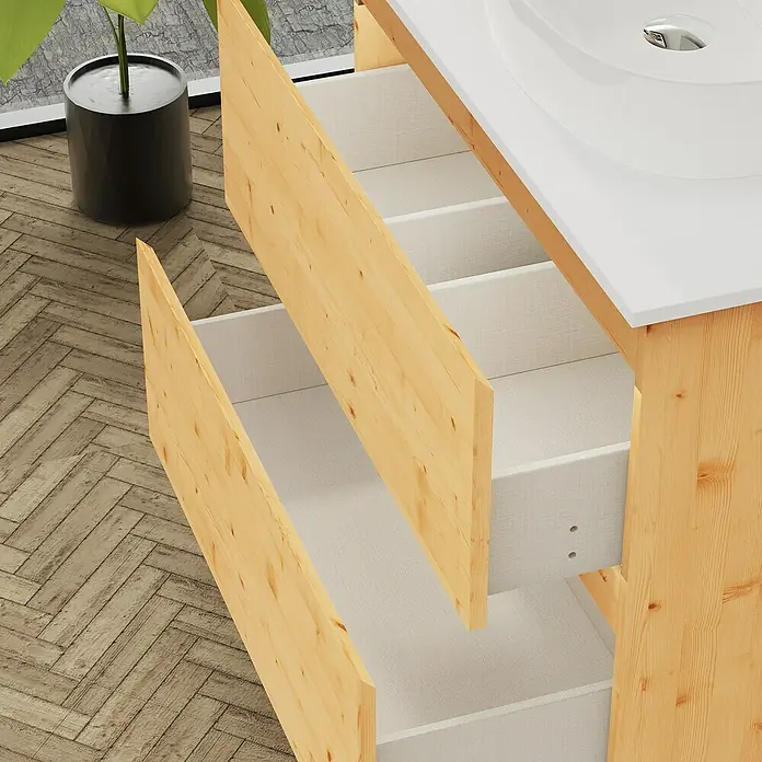 Artysan Conjunto de mueble de baño Troy - Ancho: 100 cm, Pino, 4 pzs. - Un primer plano de un tocador de madera abierto con cajones blancos y un lavabo con grifo.