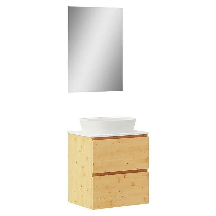 Artysan Conjunto de mueble de baño Troy - Ancho: 60 cm, Pino, 4 pzs. - Moderno conjunto de baño con mueble de madera clara, lavabo sobre encimera y espejo cuadrado, ideal para un diseño de baño elegante.