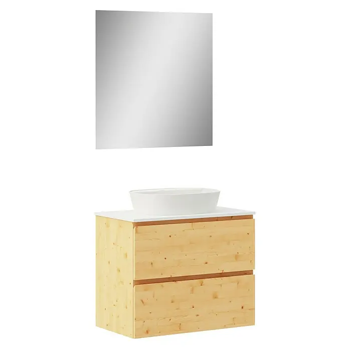 Artysan Conjunto de mueble de baño Troy - Ancho: 80 cm, Pino, 4 pzs. - Un moderno mueble de baño con un armario de madera clara, una encimera blanca y un lavabo redondo sobre encimera, complementado por un espejo elegante.