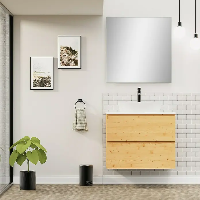 Artysan Conjunto de mueble de baño Troy - Ancho: 80 cm, Pino, 4 pzs. - Interior de baño moderno con mueble de lavabo de madera clara y un gran espejo. Diseño elegante para un baño contemporáneo.