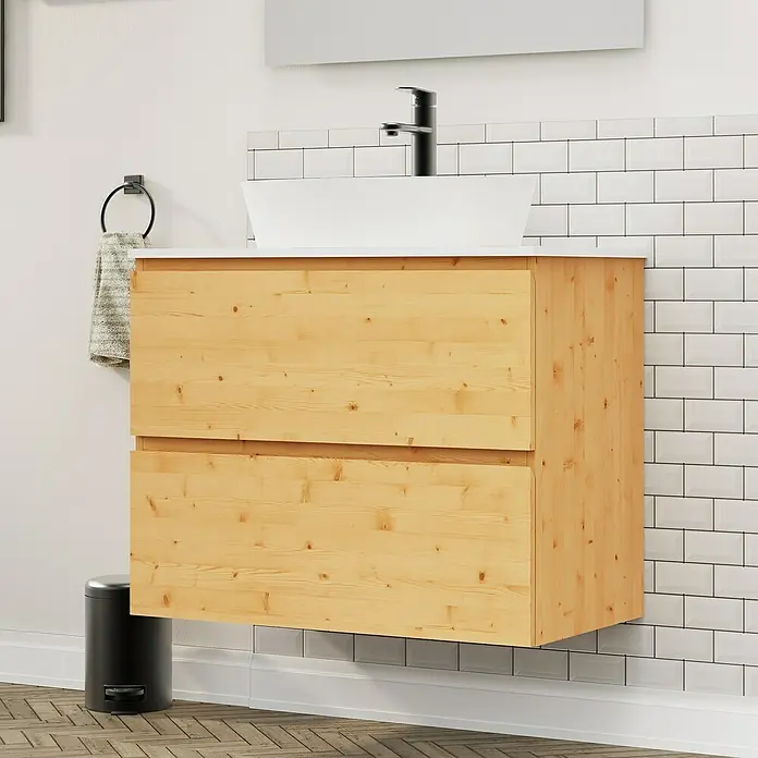 Artysan Conjunto de mueble de baño Troy - Ancho: 80 cm, Pino, 4 pzs. - Un moderno tocador de baño hecho de madera clara con dos cajones y un lavabo de vasija blanco encima.