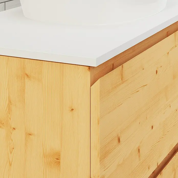 Artysan Conjunto de mueble de baño Troy - Ancho: 100 cm, Pino, 4 pzs. - Detalle de un mueble de baño de madera clara con encimera blanca, que combina estética moderna y natural.