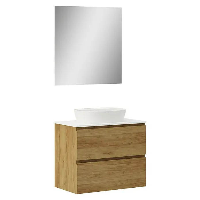 Artysan Conjunto de mueble de baño Troy - Ancho: 80 cm, Roble guadarrama, 4 pzs. - La imagen muestra un mueble de baño moderno con dos cajones de imitación madera, un lavabo sobre encimera y un espejo rectangular.