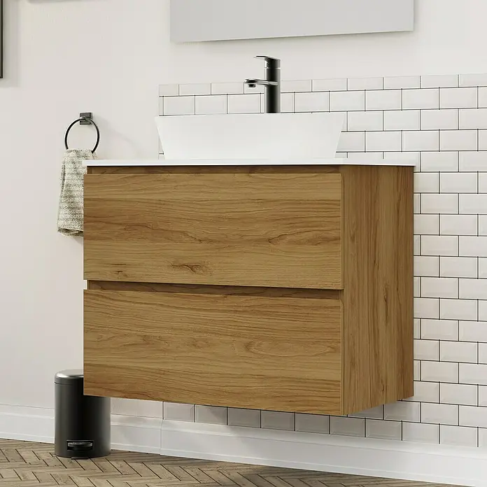 Artysan Conjunto de mueble de baño Troy - Ancho: 80 cm, Roble guadarrama, 4 pzs. - Moderno mueble de baño con aspecto de madera, dos cajones y lavabo sobre encimera blanco, perfecto para baños elegantes.