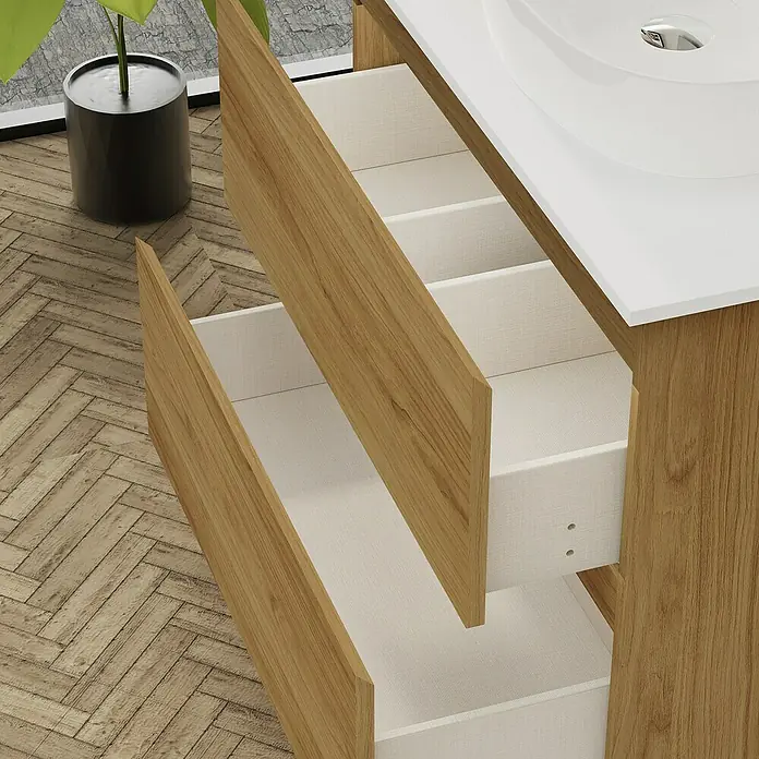 Artysan Conjunto de mueble de baño Troy - Ancho: 60 cm, Roble guadarrama, 4 pzs. - Un moderno mueble de baño con cajones abiertos y un elegante aspecto de madera. El diseño combina funcionalidad con estética.