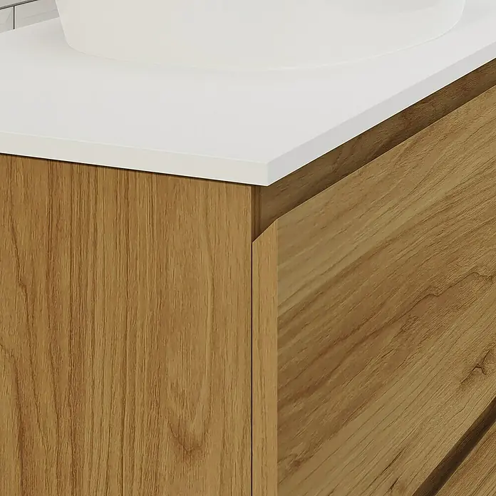 Artysan Conjunto de mueble de baño Troy - Ancho: 60 cm, Roble guadarrama, 4 pzs. - Detalle de un mueble de baño con frente de madera y encimera blanca.