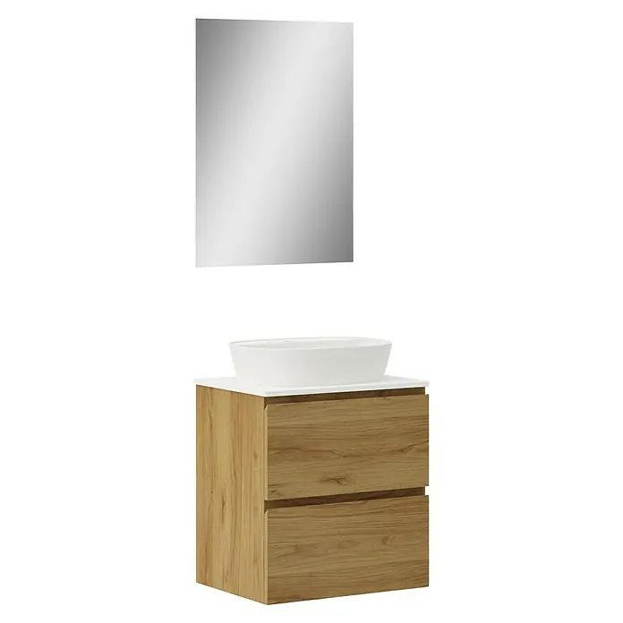 Artysan Conjunto de mueble de baño Troy - Ancho: 60 cm, Roble guadarrama, 4 pzs. - Imagen de un moderno mueble de baño con un gabinete de madera, un lavabo blanco sobre encimera y un espejo cuadrado.