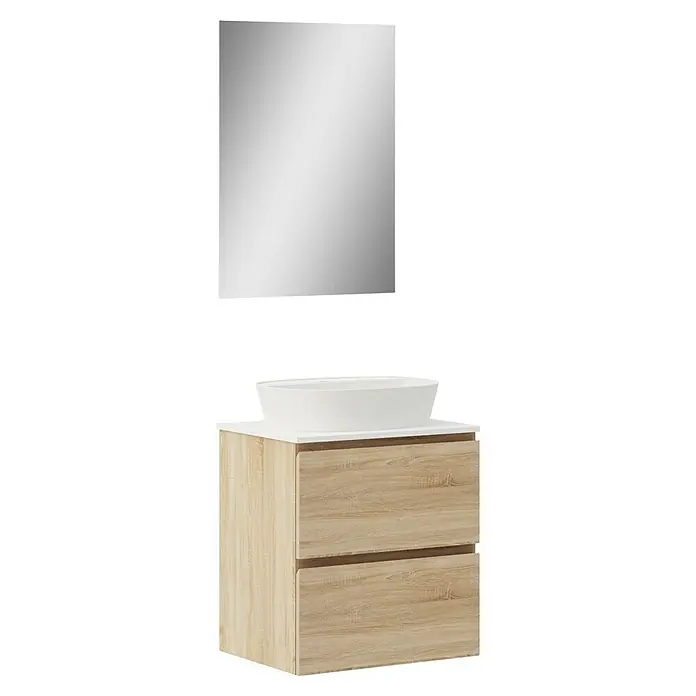 Artysan Conjunto de mueble de baño Troy - Ancho: 60 cm, Natural, 4 pzs. - Moderno conjunto de mueble de baño con dos cajones y espejo, ideal para diseños de baño con estilo.