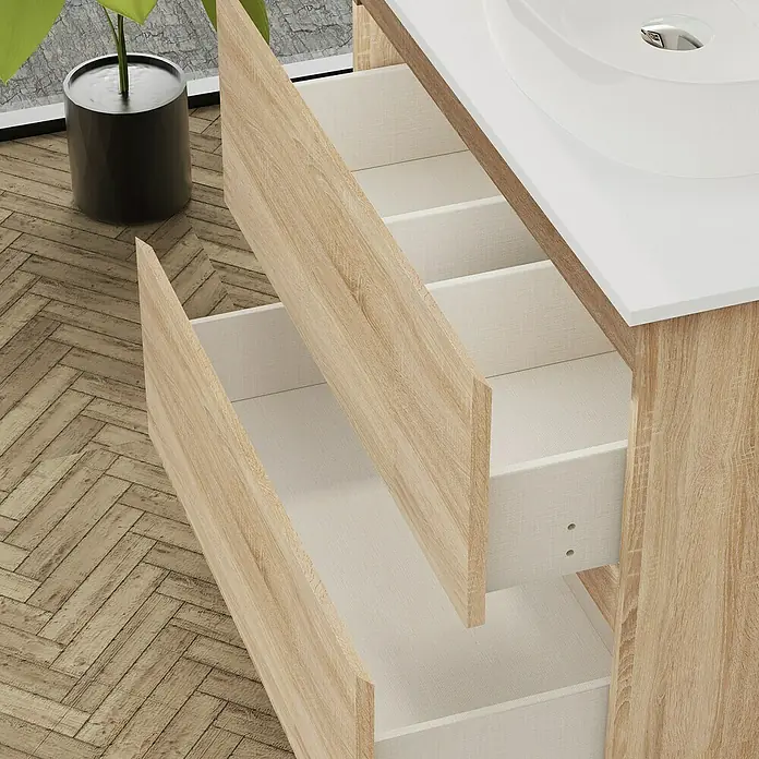 Artysan Conjunto de mueble de baño Troy - Ancho: 80 cm, Natural, 4 pzs. - El mueble de baño con cajones abiertos ofrece un amplio espacio de almacenamiento y un diseño moderno y luminoso.
