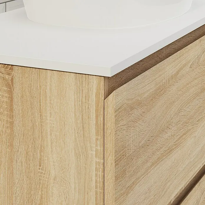 Artysan Conjunto de mueble de baño Troy - Ancho: 80 cm, Natural, 4 pzs. - Primer plano de un mueble de baño con frente efecto madera y encimera blanca. El diseño de madera aporta calidez y un toque natural.