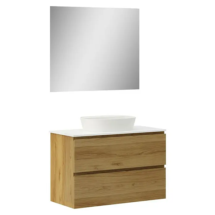 Artysan Conjunto de mueble de baño Troy - Ancho: 100 cm, Roble guadarrama, 4 pzs. - Moderno conjunto de baño con mueble de lavabo en aspecto de madera, lavabo sobre encimera y espejo grande, creando un ambiente elegante.