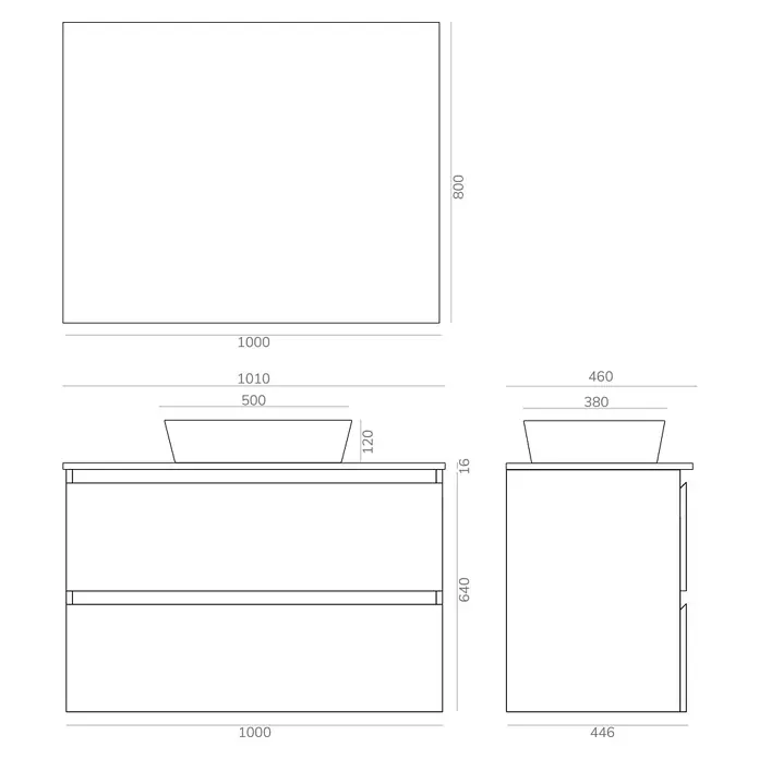 Artysan Conjunto de mueble de baño Troy - Ancho: 100 cm, Natural, 4 pzs. - Esquema del mueble de lavabo con espejo. El mueble mide 1000x446 mm y el espejo 1000x800 mm.