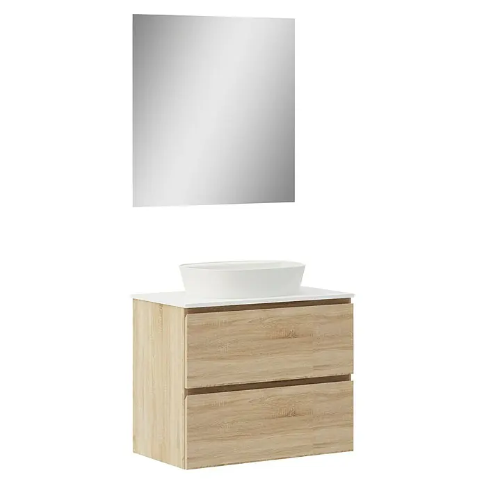 Artysan Conjunto de mueble de baño Troy - Ancho: 80 cm, Natural, 4 pzs. - Un moderno conjunto de baño con un mueble de madera, un lavabo sobre encimera y un espejo. El conjunto proporciona un diseño elegante para cualquier baño.