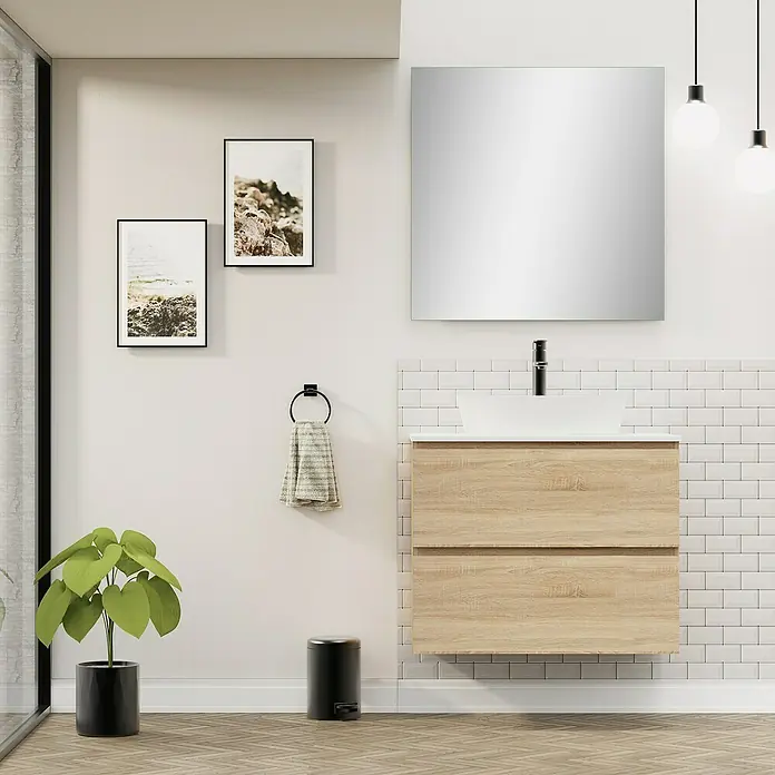 Artysan Conjunto de mueble de baño Troy - Ancho: 80 cm, Natural, 4 pzs. - Un interior de baño moderno con mueble de lavabo de madera clara, un espejo cuadrado y decoraciones minimalistas.