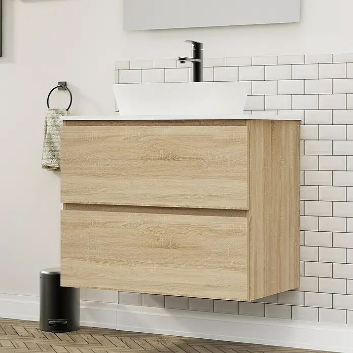 Artysan Conjunto de mueble de baño Troy - Ancho: 80 cm, Natural, 4 pzs. - Un moderno mueble de baño con dos cajones de aspecto de madera montado en una pared de azulejos blancos.
