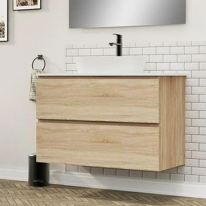 Artysan Conjunto de mueble de baño Troy - Ancho: 100 cm, Natural, 4 pzs. - Mueble de baño moderno con armario de aspecto madera, lavabo sobre encimera y grifo. El mueble ofrece almacenamiento y diseño elegante.
