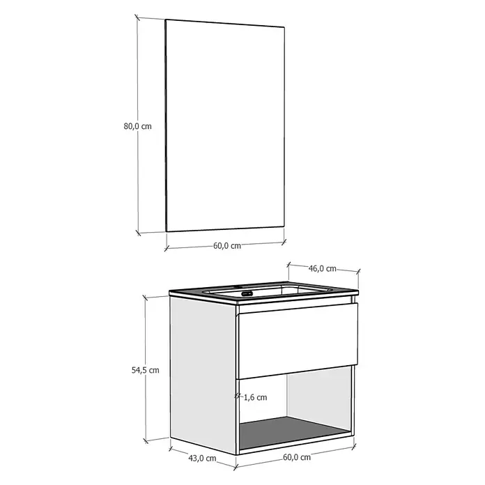 Artysan Conjunto de mueble de baño Vela - Ancho: 60 cm, Natural, 3 pzs. - Ilustración de un mueble de baño con lavabo y espejo, con medidas para una visión detallada del producto.
