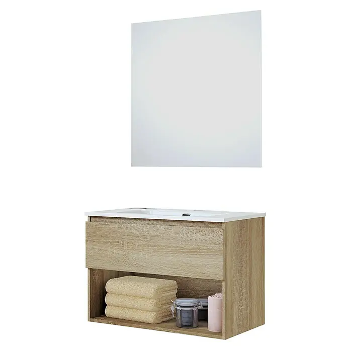 Artysan Conjunto de mueble de baño Vela - Ancho: 80 cm, Natural, 3 pzs. - Mueble de lavabo suspendido con acabado efecto madera y compartimento abierto para guardar toallas y artículos de baño.