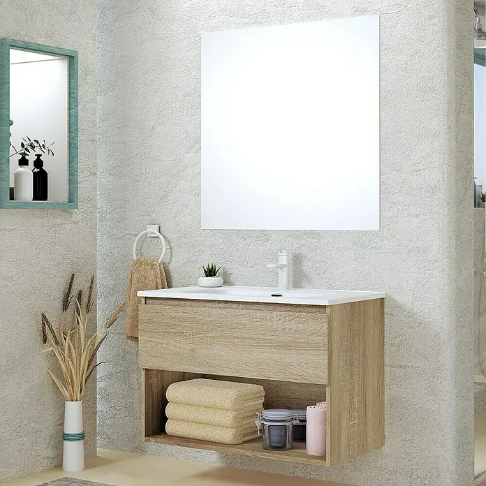 Artysan Conjunto de mueble de baño Vela - Ancho: 80 cm, Natural, 3 pzs. - Conjunto de baño moderno con un mueble de tocador con aspecto de madera, un lavabo sobre encimera blanco y un espejo grande.