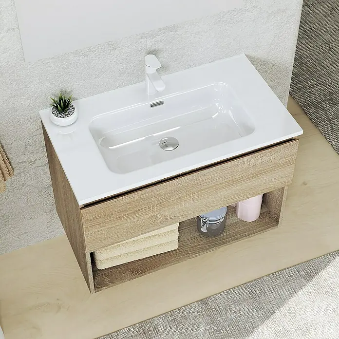 Artysan Conjunto de mueble de baño Vela - Ancho: 80 cm, Natural, 3 pzs. - Moderno lavabo de baño con mueble de madera y lavabo sobre encimera blanco, perfecto para baños elegantes.