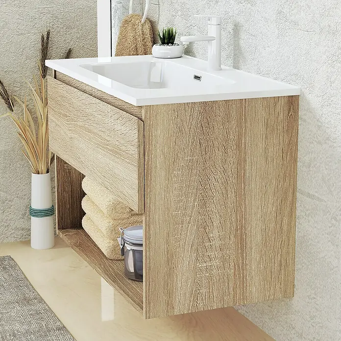 Artysan Conjunto de mueble de baño Vela - Ancho: 80 cm, Natural, 3 pzs. - Un moderno mueble de baño con aspecto de madera con un lavabo sobre encimera blanco y espacio de almacenamiento práctico para toallas.